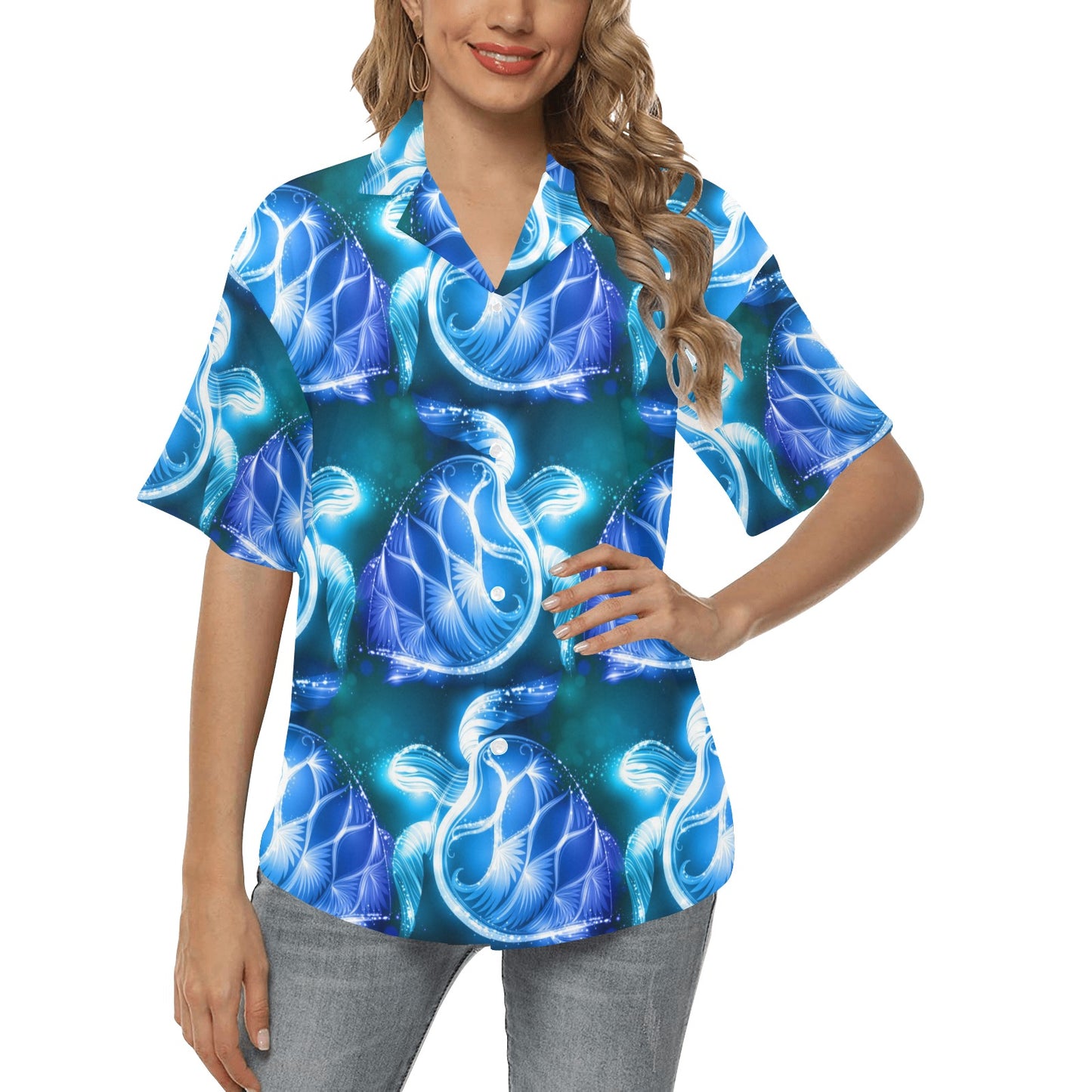 Blue Neon Sea Turtle Print Women's Hawaiian Shirt