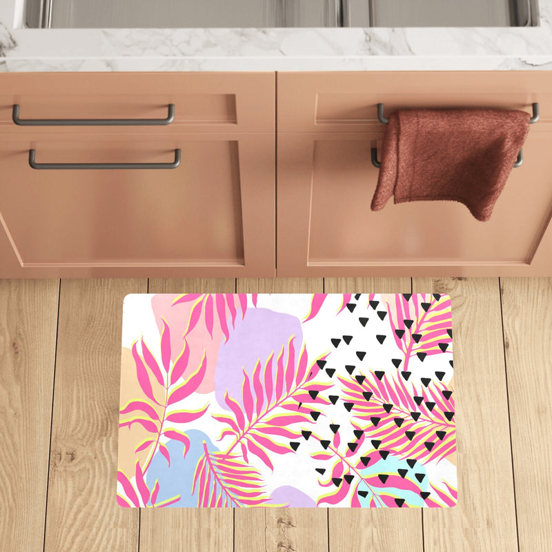 Pink Tropical Palm Leaves Kitchen Mat