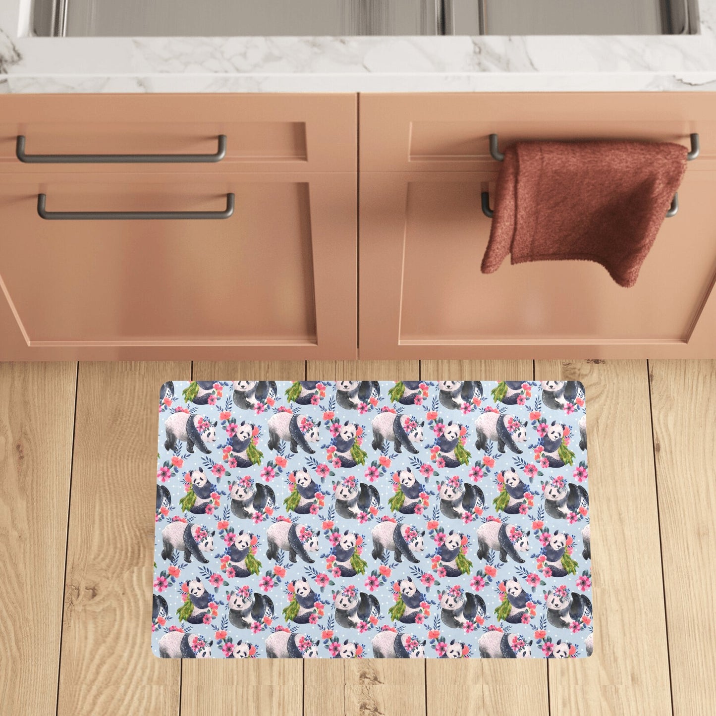 Panda Bear Flower Design Themed Print Kitchen Mat