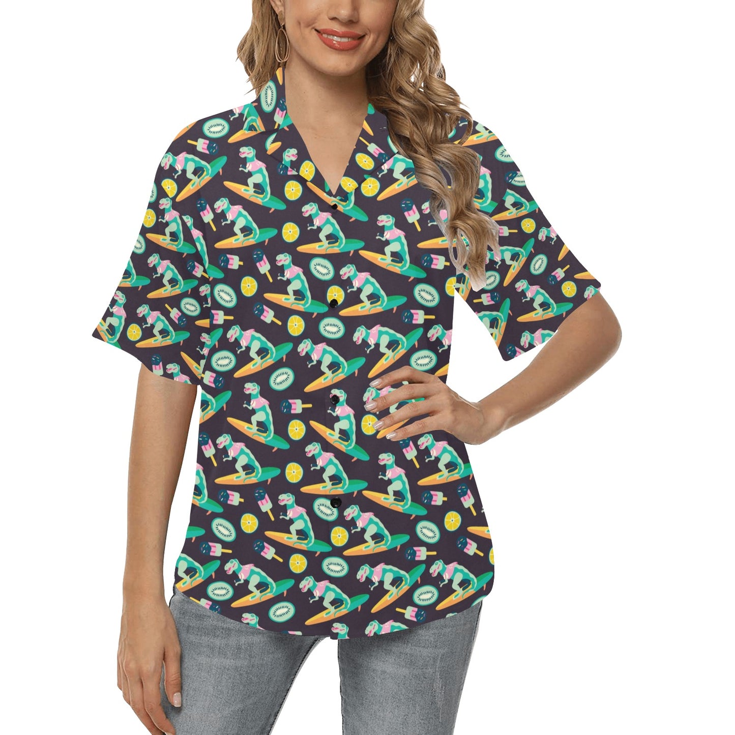 Surfboard T Rex Print Design LKS301 Women's Hawaiian Shirt