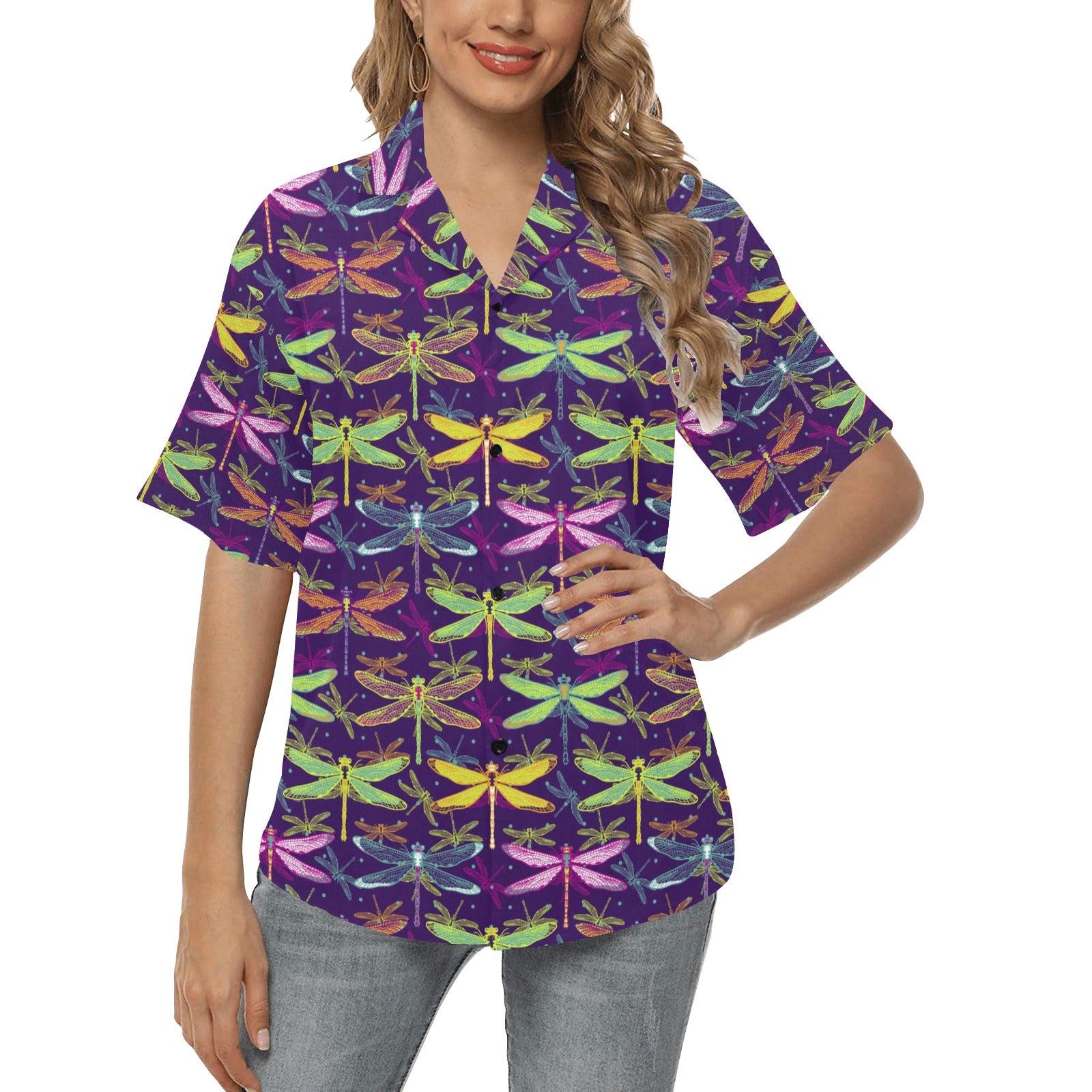 Dragonfly Neon Color Print Pattern Women's Hawaiian Shirt