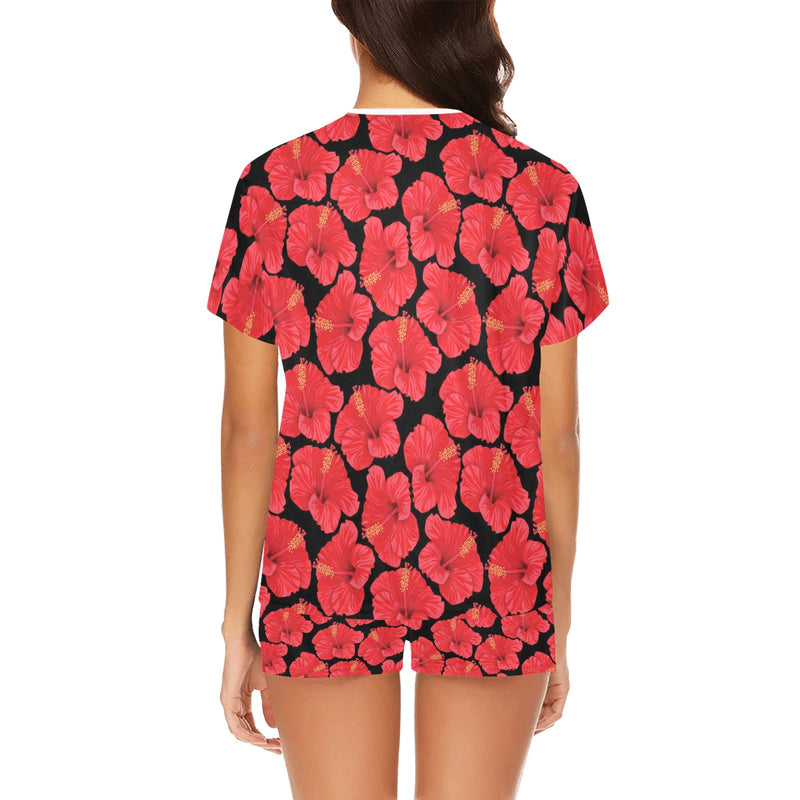 Hibiscus Red Pattern Print Design LKS306 Women's Short Pajama Set