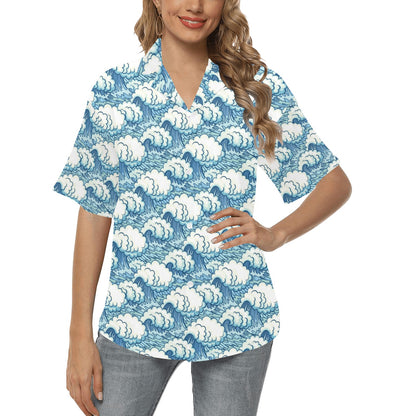 Wave Japan Style Print Design LKS304 Women's Hawaiian Shirt