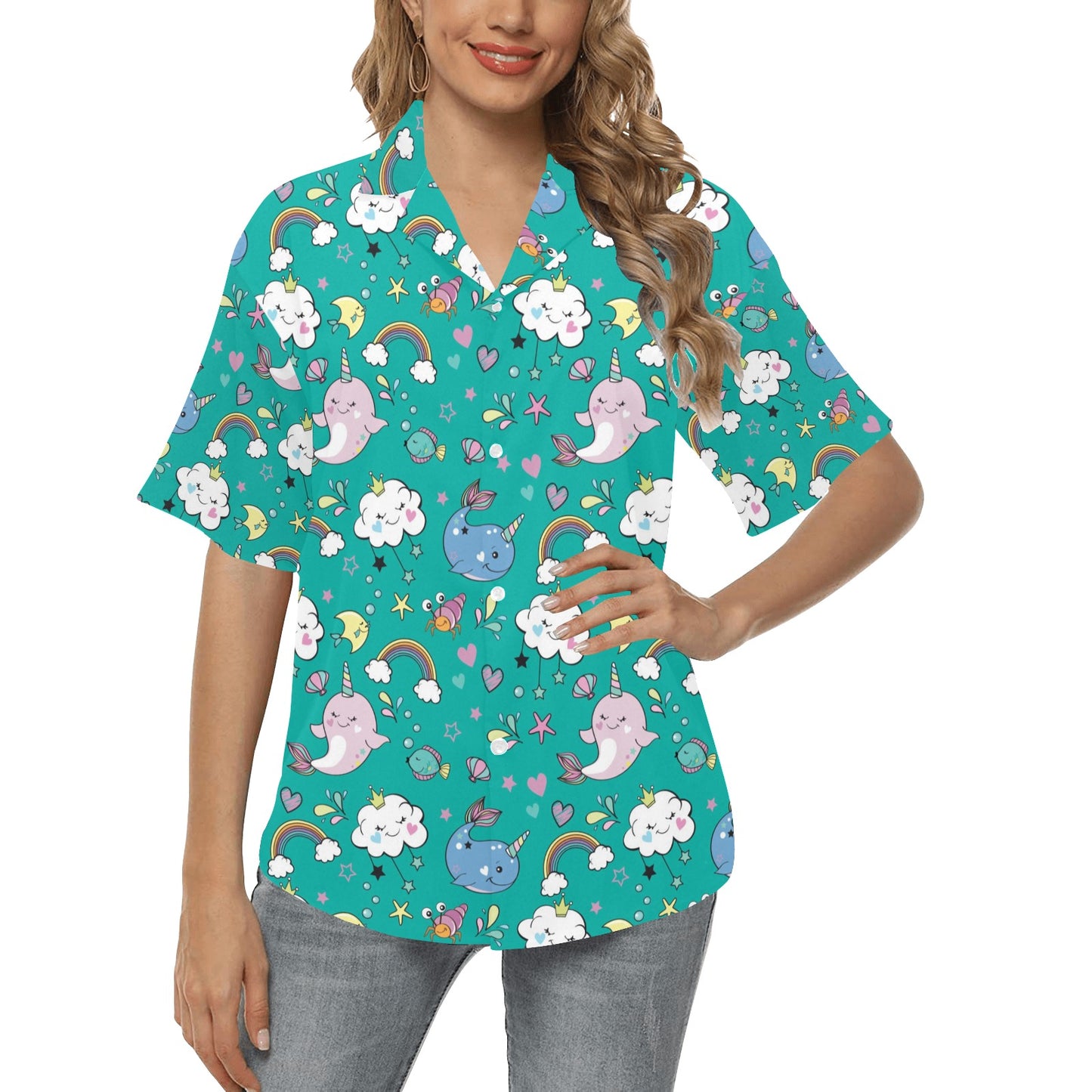 Narwhal Pattern Print Design 04 Women's Hawaiian Shirt