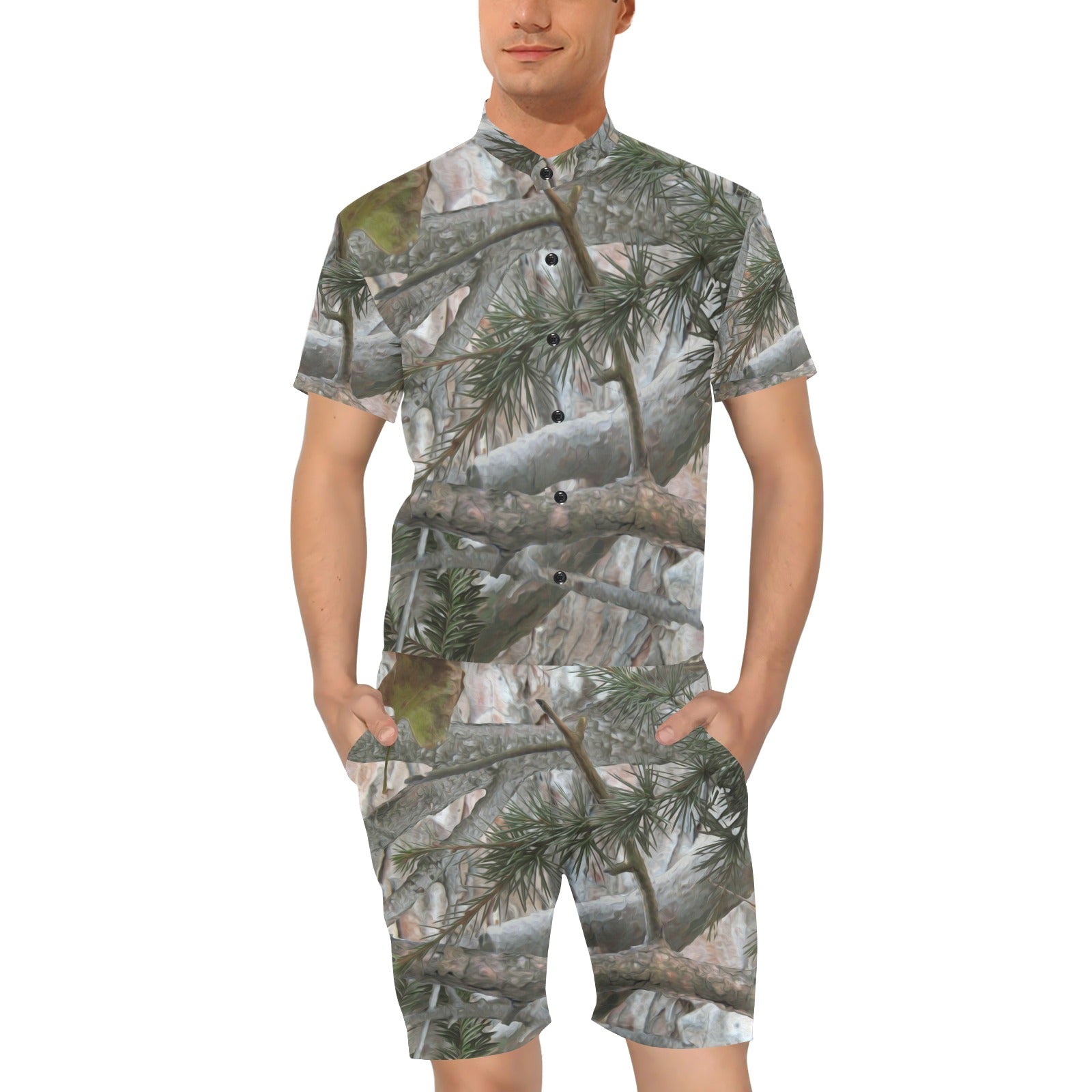 Camo Realistic Tree Forest Pattern Men's Romper