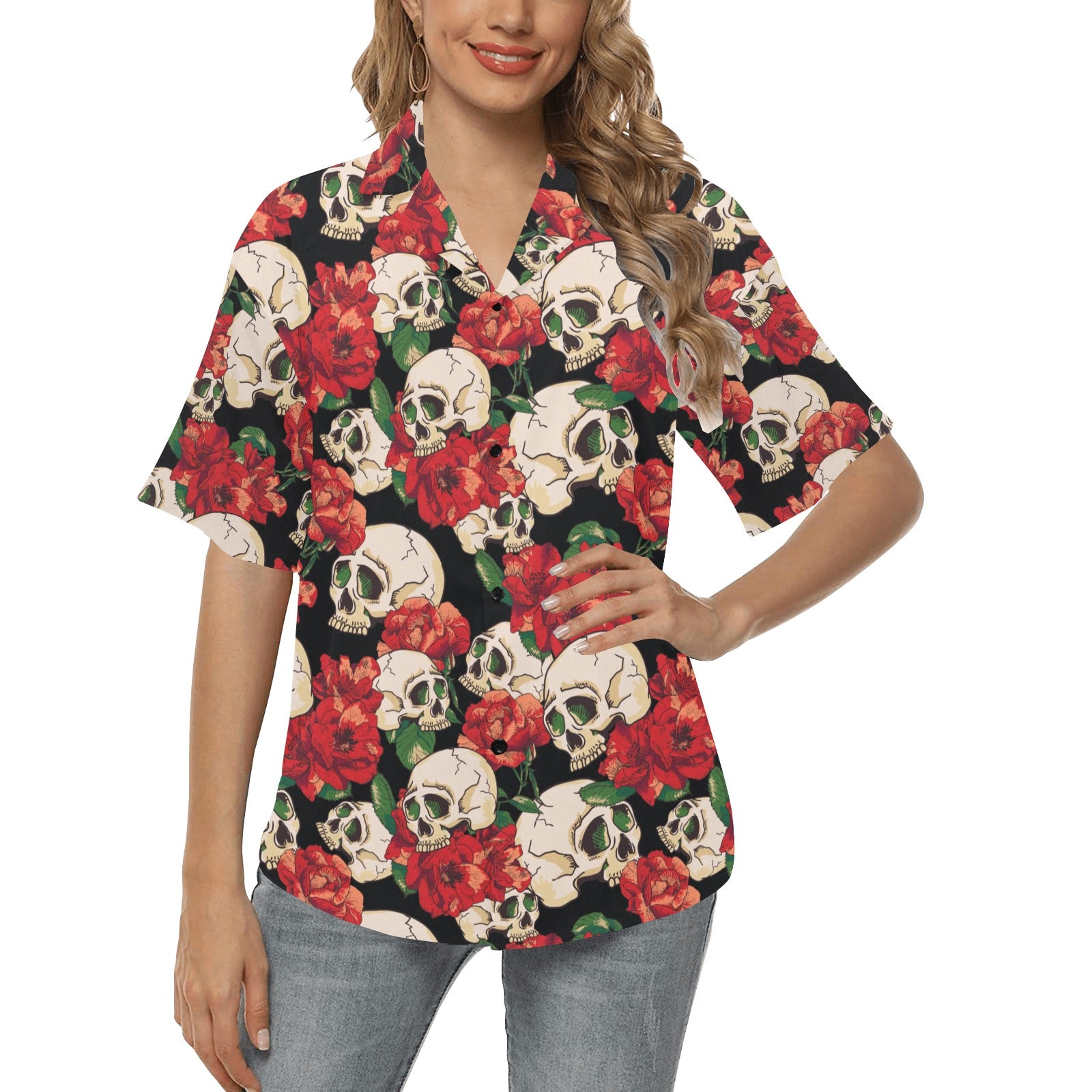 Skull Red Rose Women's Hawaiian Shirt