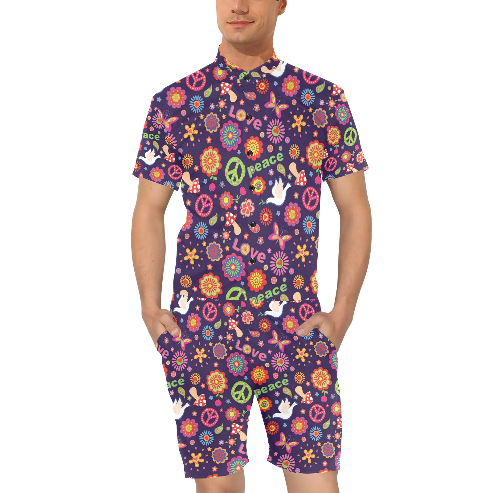 Flower Power Peace Design Print Men's Romper