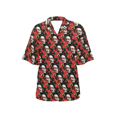 Red Rose Skull Design Print Women's Hawaiian Shirt