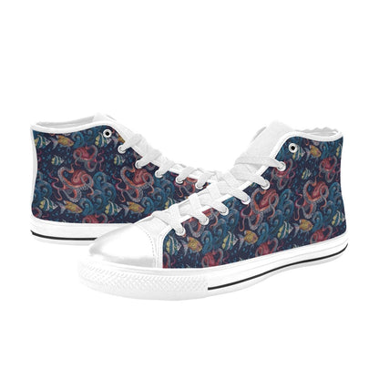 Underwater Giant Squid Print Design LKS302 High Top Women's White Shoes