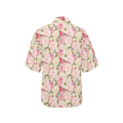 Bird Butterfly Pink Flower Print Pattern Women's Hawaiian Shirt