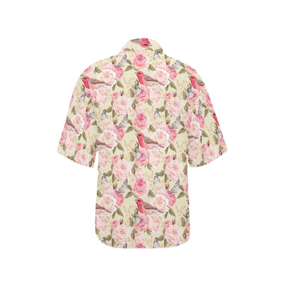 Bird Butterfly Pink Flower Print Pattern Women's Hawaiian Shirt