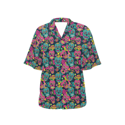 Sugar Skull Floral Design Themed Print Women's Hawaiian Shirt