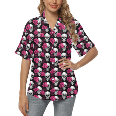 Pink Rose Skull Themed Print Women's Hawaiian Shirt