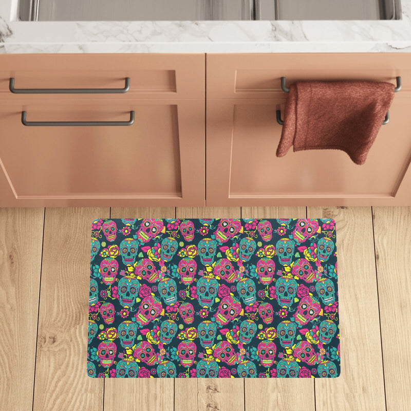 Sugar Skull Floral Design Themed Print Kitchen Mat