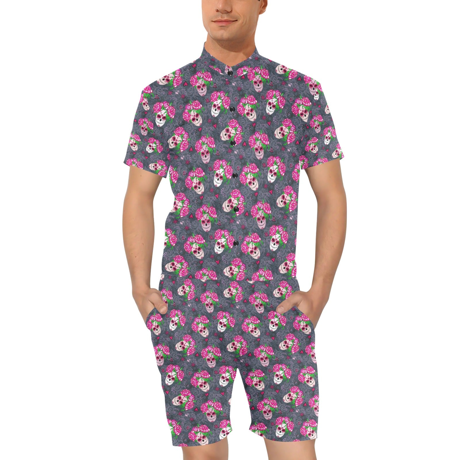 Sugar Skull Pink Rose Themed Print Men's Romper