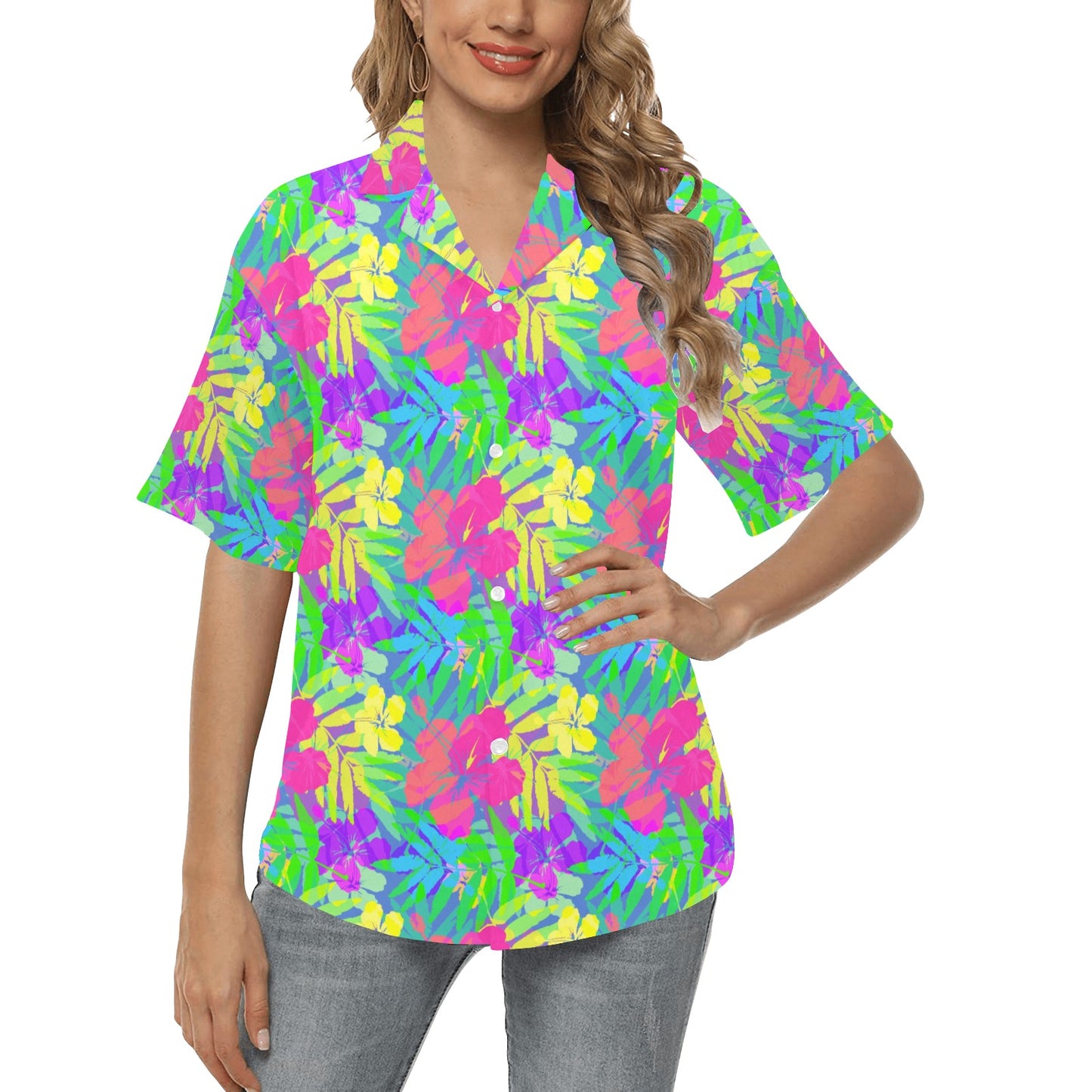 Neon Tropical Pattern Print Design A03 Women's Hawaiian Shirt