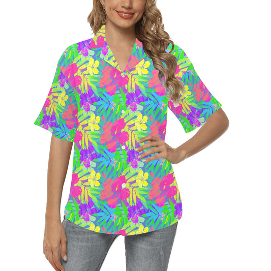 Neon Tropical Pattern Print Design A03 Women's Hawaiian Shirt