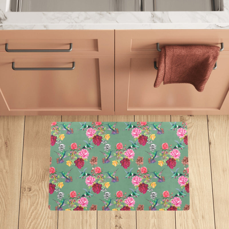 Hummingbird with Rose Themed Print Kitchen Mat
