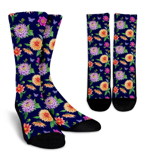 Dahlia Pattern Print Design DH010 Crew Socks-JORJUNE.COM