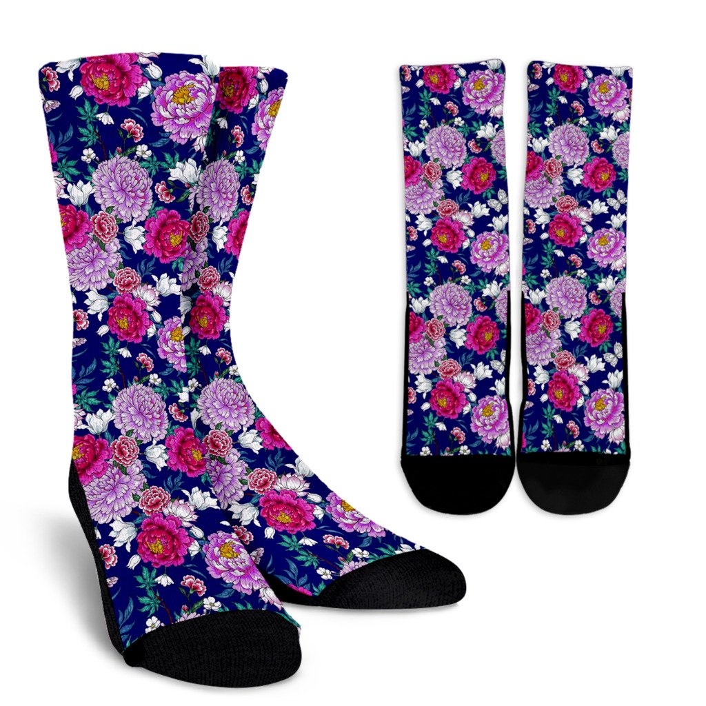 Dahlia Pattern Print Design DH013 Crew Socks-JORJUNE.COM