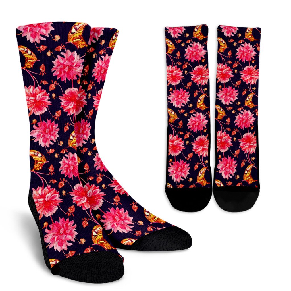 Dahlia Pattern Print Design DH03 Crew Socks-JORJUNE.COM