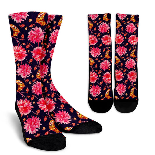 Dahlia Pattern Print Design DH03 Crew Socks-JORJUNE.COM