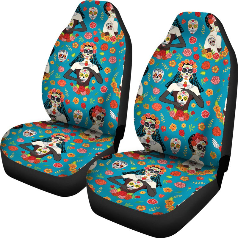 Day Of The Dead Old School Girl Design Universal Fit Car Seat Covers