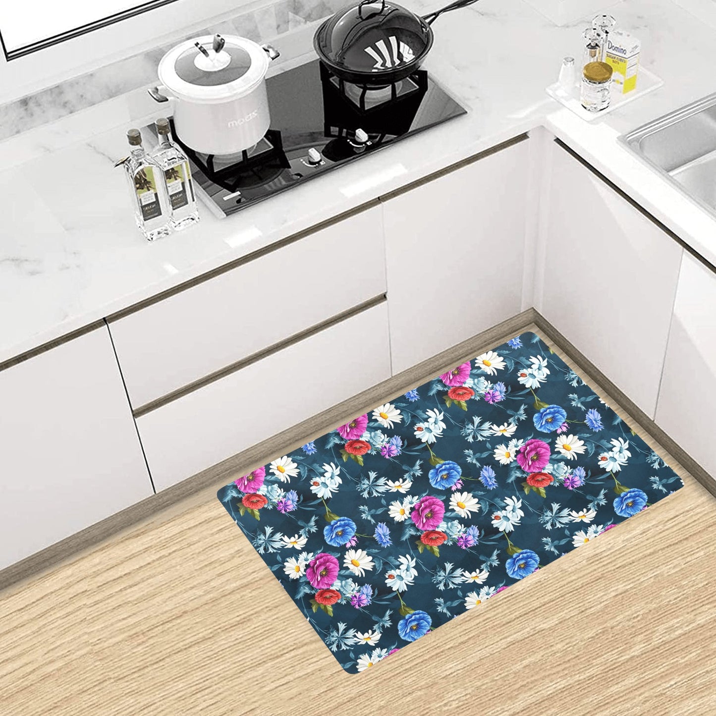 Floral Blue Themed Print Kitchen Mat