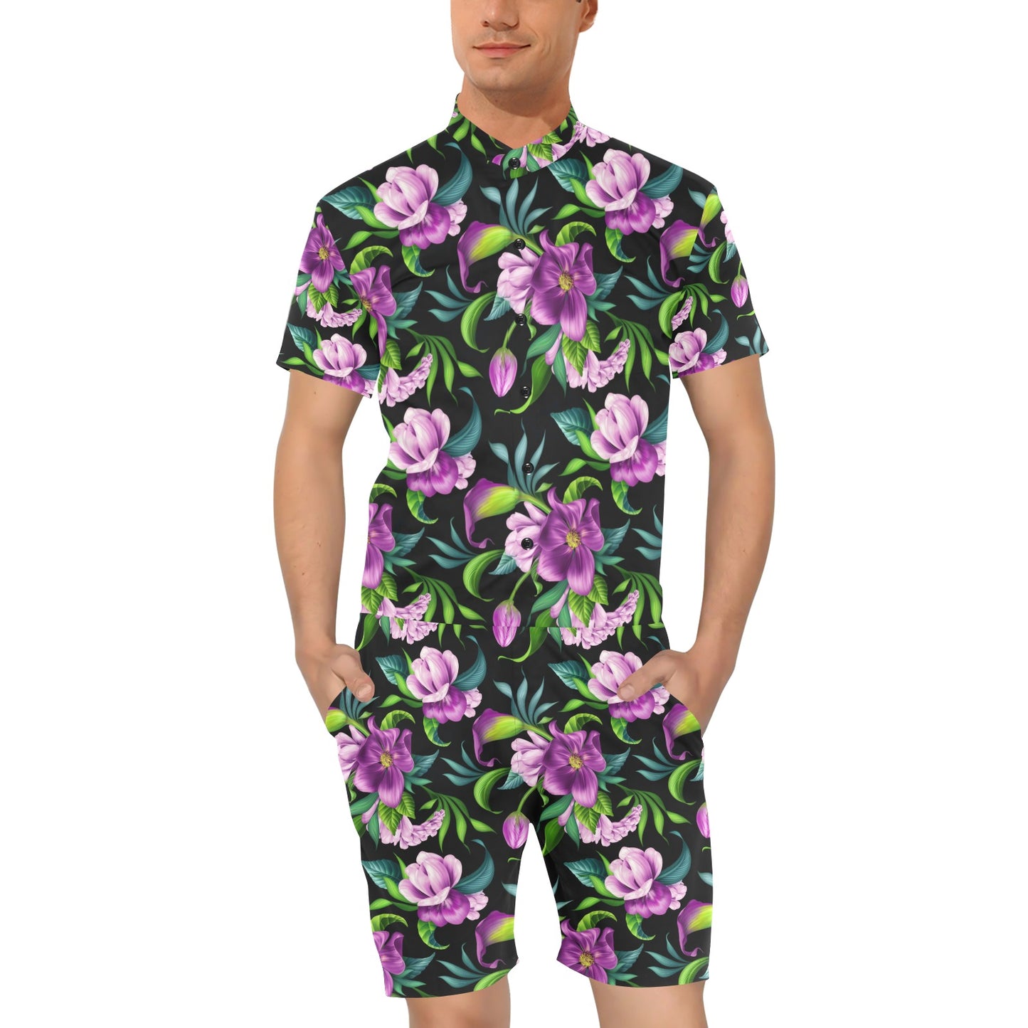 Bright Purple Floral Pattern Men's Romper