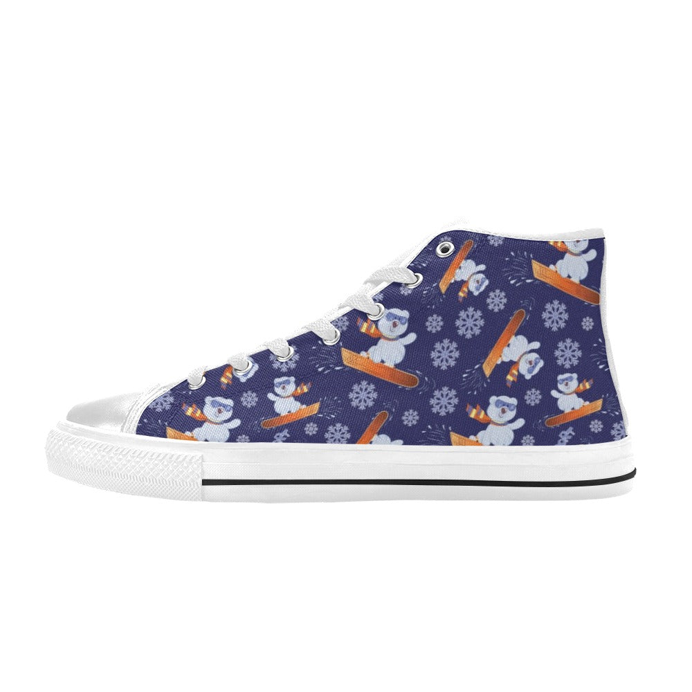 Snowboard Bear Print Design LKS305 High Top Women's White Shoes