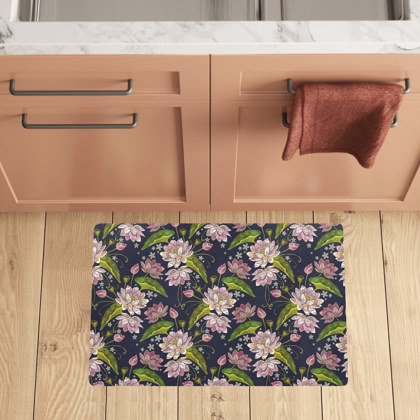 lotus Embroidered Pattern Print Design LO06 Kitchen Mat