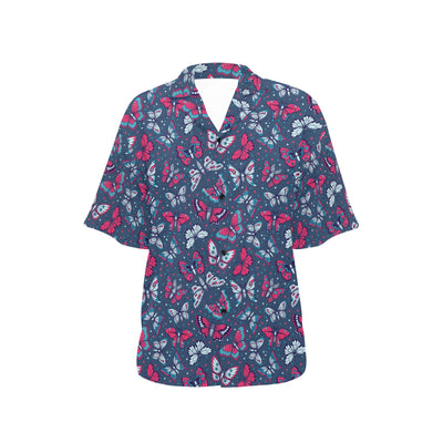 Butterfly Red Deep Blue Print Pattern Women's Hawaiian Shirt