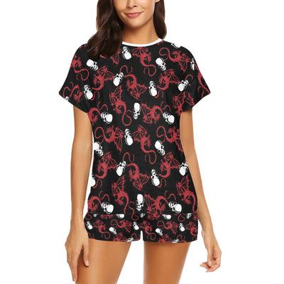 Skull With Red Dragon Print Design LKS304 Women's Short Pajama Set