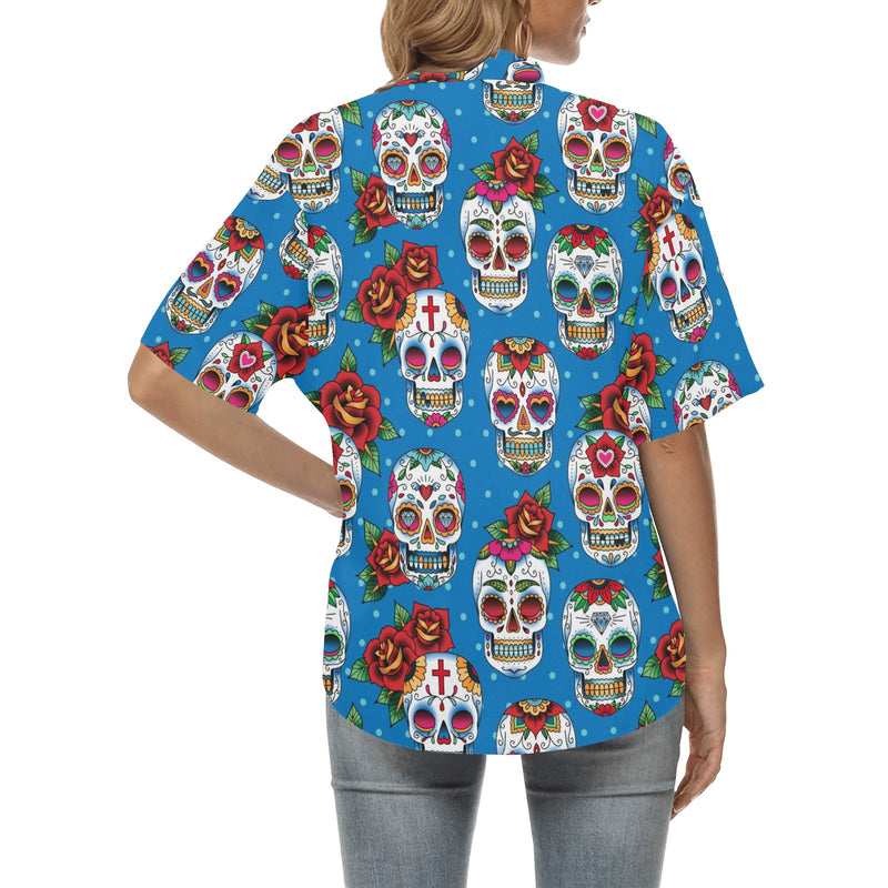 Sugar Skull Rose Pattern Women's Hawaiian Shirt