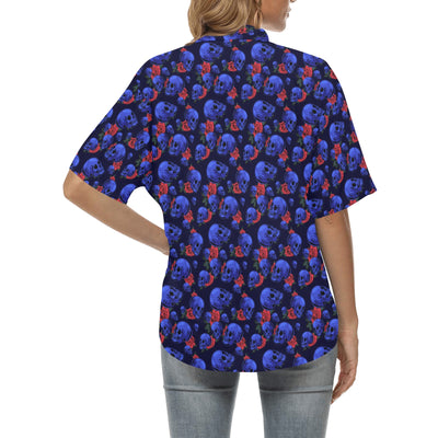 Skull Roses Neon Design Themed Print Women's Hawaiian Shirt