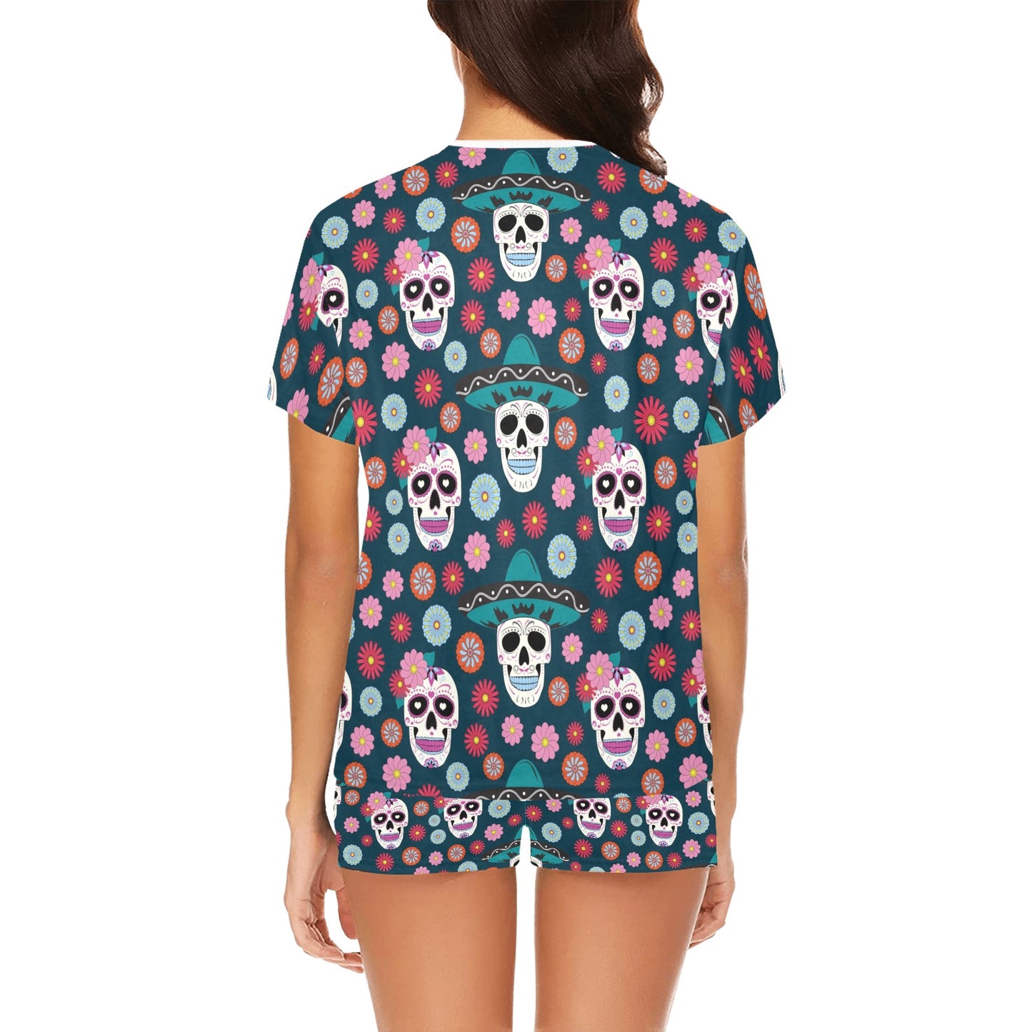 Sugar Skull Print Design LKS308 Women's Short Pajama Set