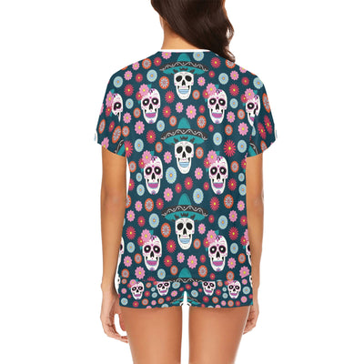 Sugar Skull Print Design LKS308 Women's Short Pajama Set