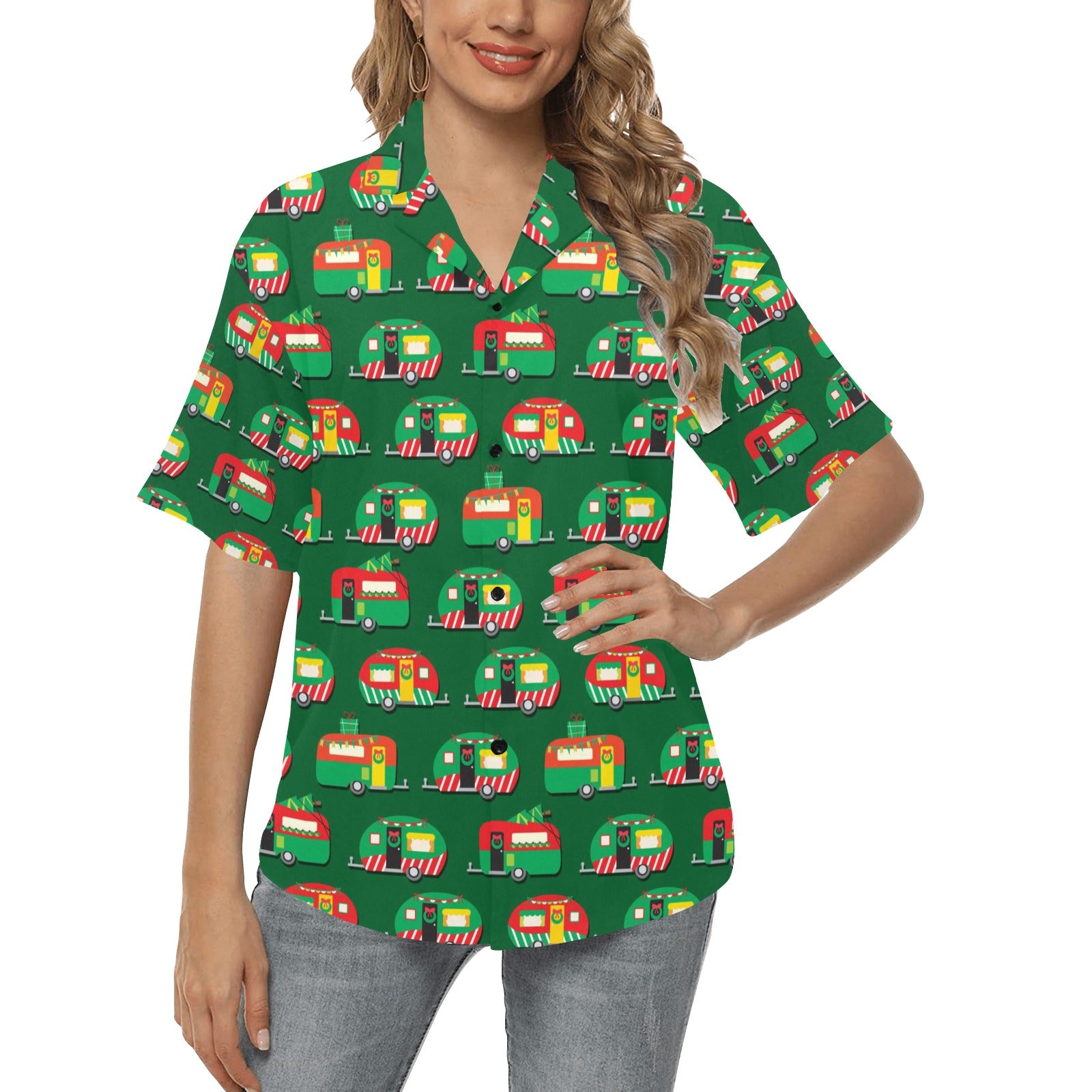 Camper Camping Christmas Themed Print Women's Hawaiian Shirt