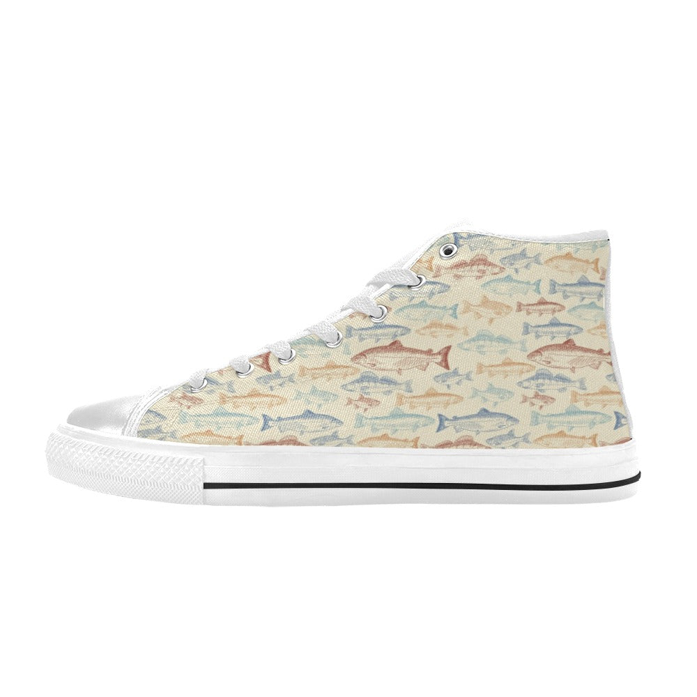 Salmon Fish Print Design LKS302 High Top Women's White Shoes