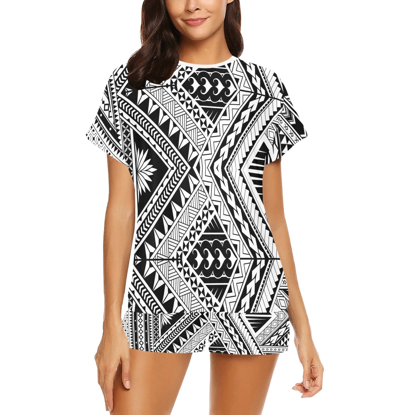 Samoan Tattoo Style Print Design LKS307 Women's Short Pajama Set
