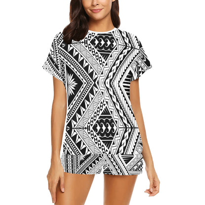 Samoan Tattoo Style Print Design LKS307 Women's Short Pajama Set