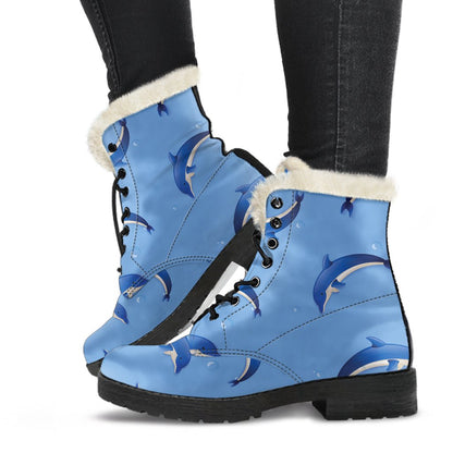 Dolphin Blue Print Faux Fur Leather Boots