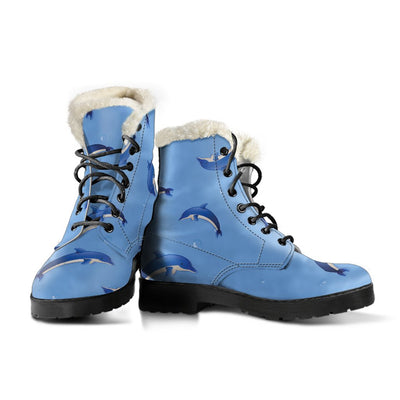 Dolphin Blue Print Faux Fur Leather Boots