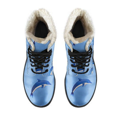 Dolphin Blue Print Faux Fur Leather Boots