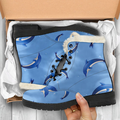 Dolphin Blue Print Faux Fur Leather Boots