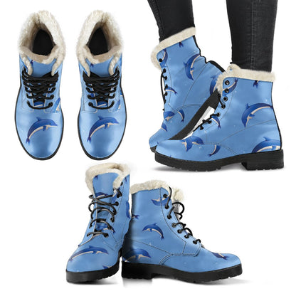 Dolphin Blue Print Faux Fur Leather Boots