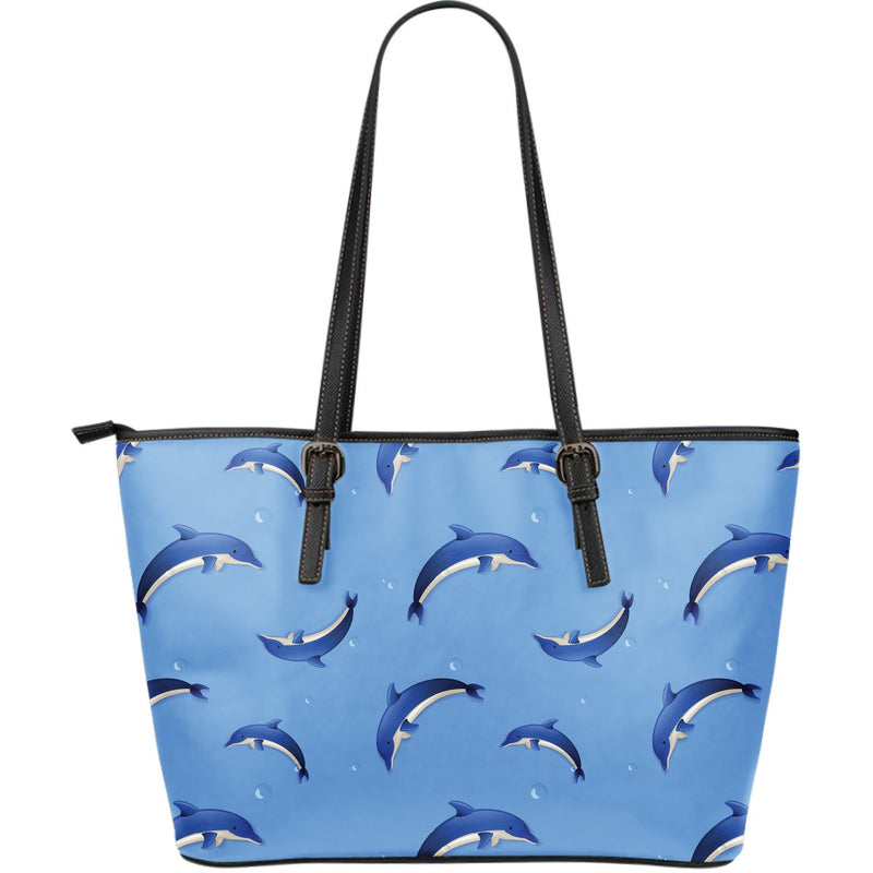 Dolphin Blue Print Large Leather Tote Bag