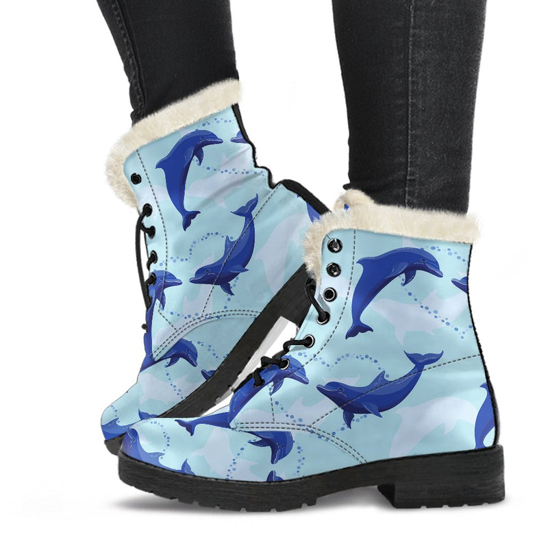 Dolphin Heart Pattern Faux Fur Leather Boots