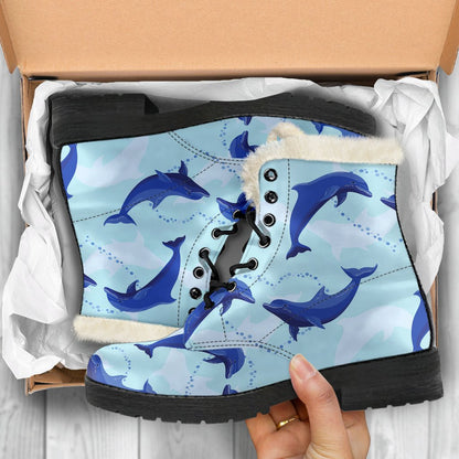 Dolphin Heart Pattern Faux Fur Leather Boots
