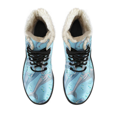 Dolphin Print Pattern Faux Fur Leather Boots